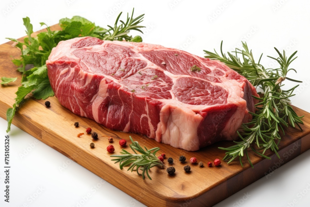  a piece of meat sitting on top of a wooden cutting board next to a sprig of green leaves.