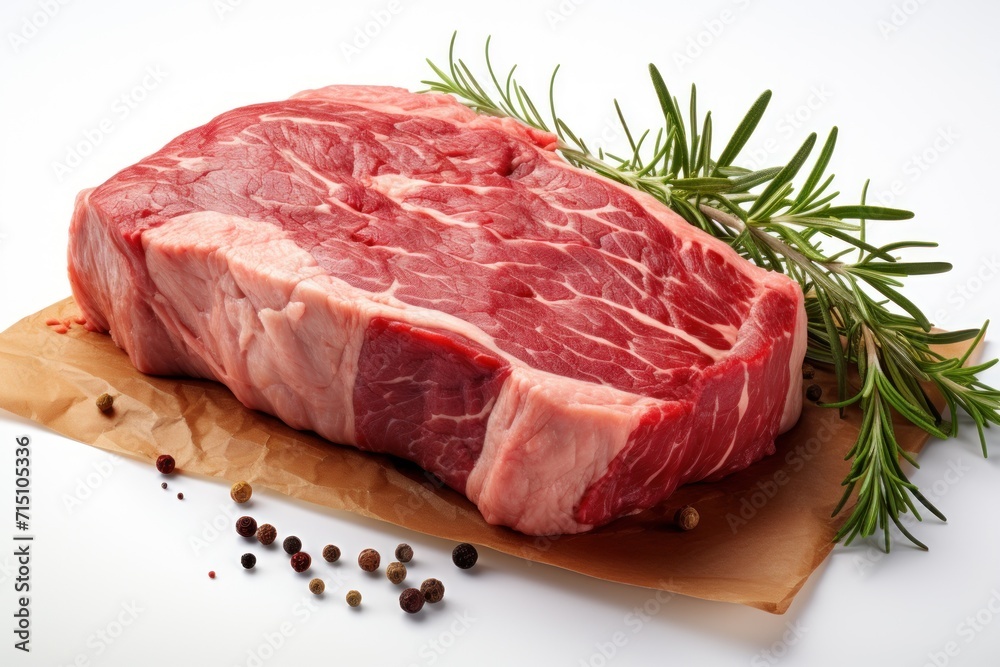 a piece of meat sitting on top of a wooden cutting board next to spices and a sprig of rosemary. a piece of meat sitting on top of a wooden cutting board next to spices and a sprig of rosemary.
