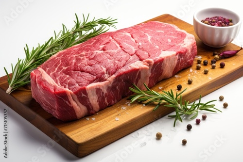  a piece of meat sitting on top of a wooden cutting board next to a bowl of seasoning and a sprig of rosemary.
