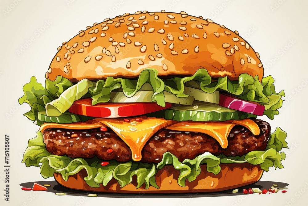  a cheeseburger with lettuce, tomato, lettuce and ketchup on a bun.