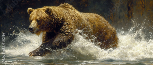 The grizzly bear in nature. Ursus arctos horribilis. Naturalistic illustration. Wildlife in its natural habitat. photo