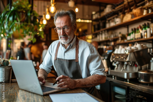Middle aged man owner of small business coffee shop. Mature male using laptop to make order for his cafe. Entrepreneur surfing internet