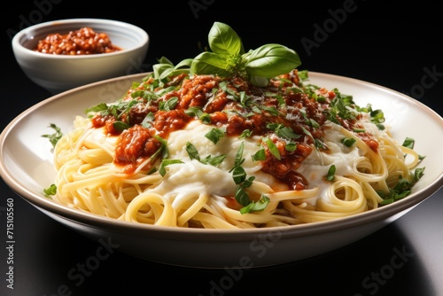  a close up of a plate of pasta with sauce and garnishes on a table next to a bowl of chili.