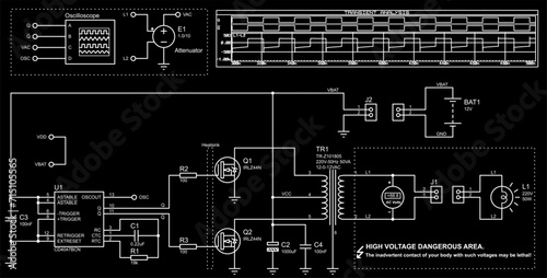 Vector drawing of electrical circuit with oscilloscope, voltmeter,
transformer, incandescent lamp and other electronic components. Time diagrams
of circuit signals. Transient analysis.