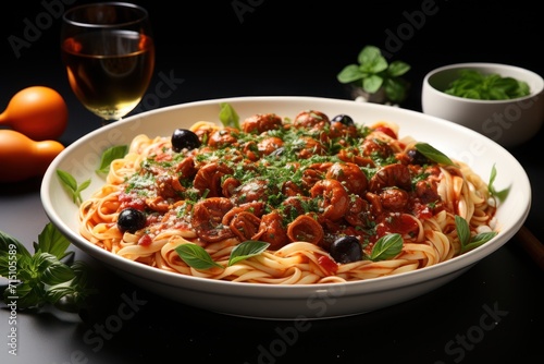  a bowl of pasta with meat and olives on a table next to a glass of wine and a glass of wine.