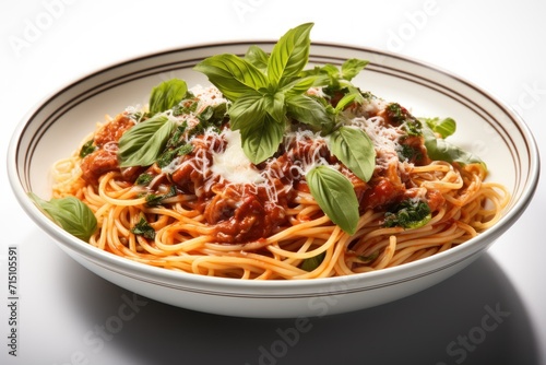  a bowl of spaghetti with sauce  basil  and parmesan cheese on a white surface with a green leafy garnish on top.