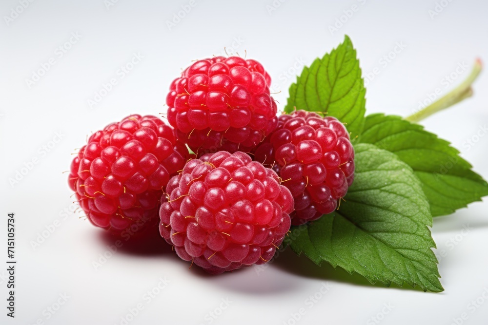 a group of raspberries with green leaves on a white surface with a light reflection on the bottom of the image. a group of raspberries with green leaves on a white surface with a light reflection on the bottom of the image.