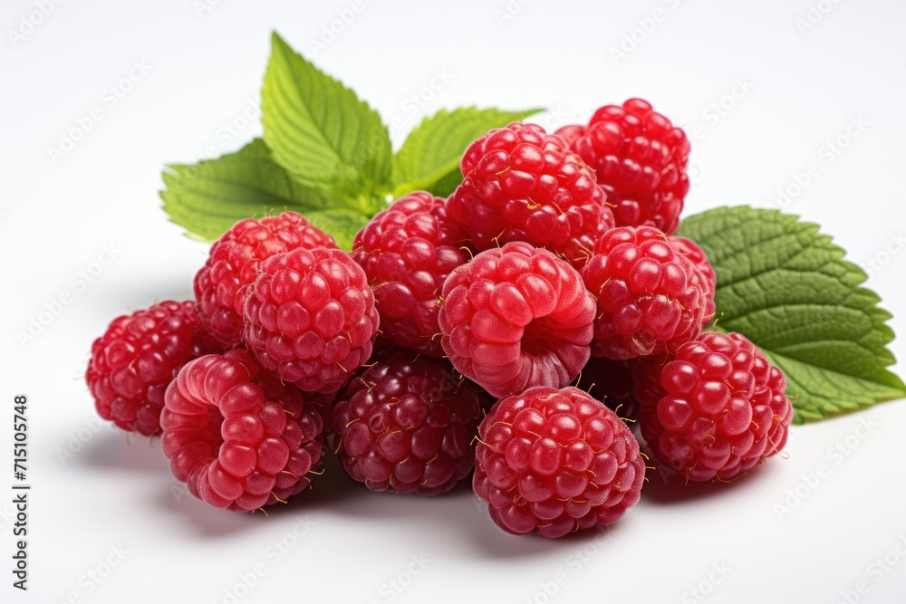 a bunch of raspberries with leaves on a white surface with a green leaf on the top of it. a bunch of raspberries with leaves on a white surface with a green leaf on the top of it.