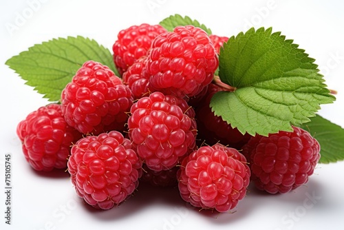  a bunch of raspberries with green leaves on a white background with a green leaf on the top of the raspberries.