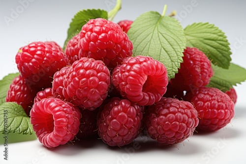  a bunch of raspberries with green leaves on a white surface with a light reflection on the bottom of the image.