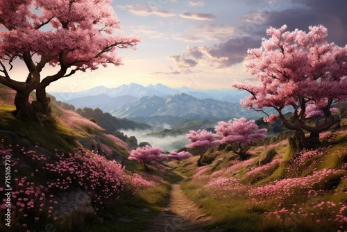 Hills covered in beautiful blossoms. Generative AI