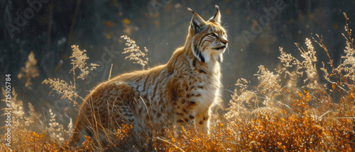 The Eurasian lynx in nature. Lynx lynx. Naturalistic illustration. Wildlife in its natural habitat.
