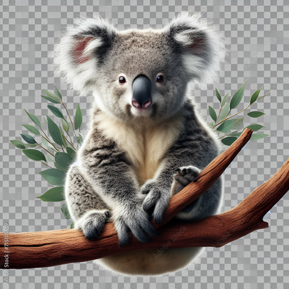 Obraz premium Cute Cuddly Curious Isolated Portrait of Exotic Wild Australian Native Mother Koala Bear, Phascolarctos cinereus Animal Sitting on a Eucalyptus Tree Branch Outdoor Wildlife with Transparent Background