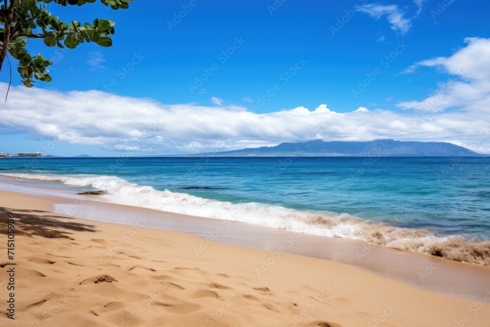 a sandy beach next to the ocean under a blue sky with clouds and a mountain in the distance on a sunny day. a sandy beach next to the ocean under a blue sky with clouds and a mountain in the distance on a sunny day.