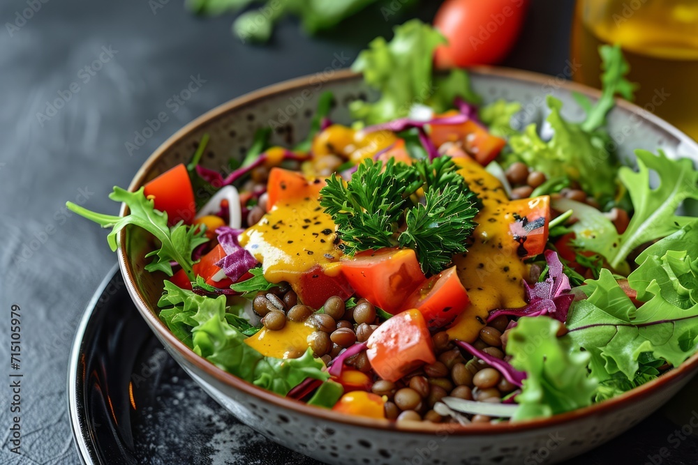 Vegan Lentil with salad mustard sauce fresh Vegan Lentil with salad mustard sauce fresh