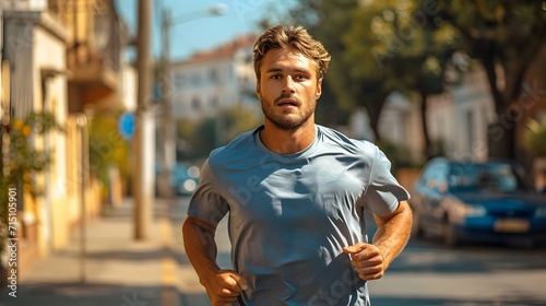 man wearing a tshirt and running along. portrait of a person