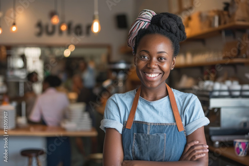 Portrait of a happy black woman standing in her cafe. Cheerful African American waitress wearing casual apron serves clients in restaurant