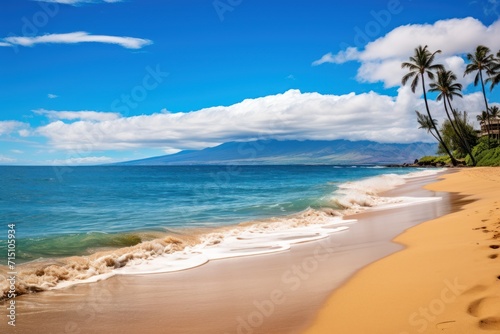  a sandy beach with waves coming in to the shore and palm trees on the other side of the beach and a mountain in the distance.
