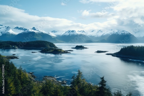  a large body of water surrounded by green trees and snow covered mountains in the distance with a few clouds in the sky.