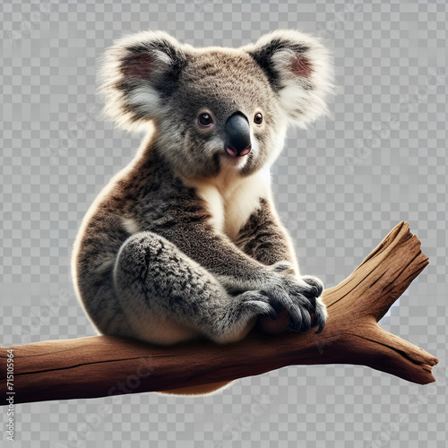 Cute Cuddly Curious Isolated Portrait of Exotic Wild Australian Native Mother Koala Bear, Phascolarctos cinereus Animal Sitting on a Eucalyptus Tree Branch Outdoor Wildlife with Transparent Background photo