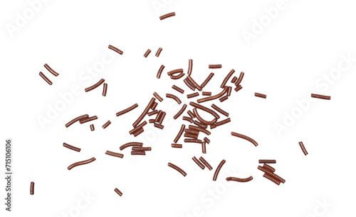 Chocolate sprinkles pile, granules scattered isolated on white, top view
 photo