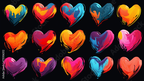 Fifteen painted hearts on black background
