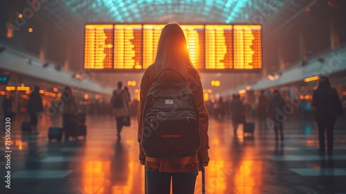 Theme travel public transport. young woman standing with back behind with backpack photo