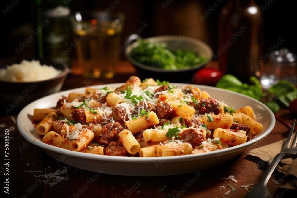 a bowl of pasta with meat and parmesan cheese on a table next to a bowl of salad and a glass of wine. a bowl of pasta with meat and parmesan cheese on a table next to a bowl of salad and a glass of wine.