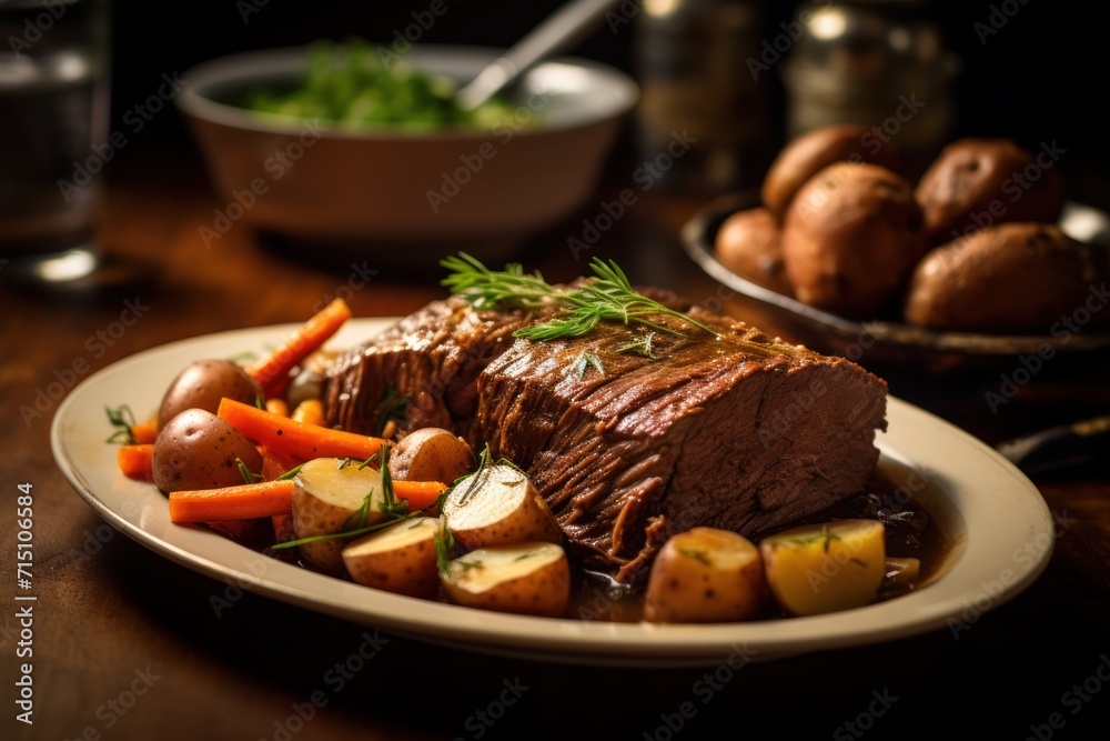 a plate of roast, potatoes, and carrots on a table with a bowl of potatoes in the background. a plate of roast, potatoes, and carrots on a table with a bowl of potatoes in the background.