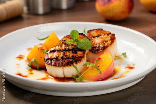  a white plate topped with grilled scallops covered in sauce and garnished with peaches and mint.