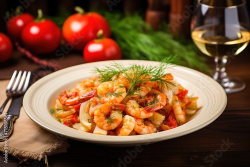  a close up of a plate of food on a table with a glass of wine and tomatoes in the background.