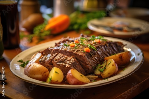  a close up of a plate of food with meat, potatoes, carrots and broccoli on a table.