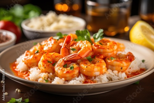  a plate of shrimp and rice with garnishes and garnishes on the side of the plate.