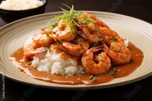  a close up of a plate of food with shrimp and gravy on a bed of rice and garnished with scallops.