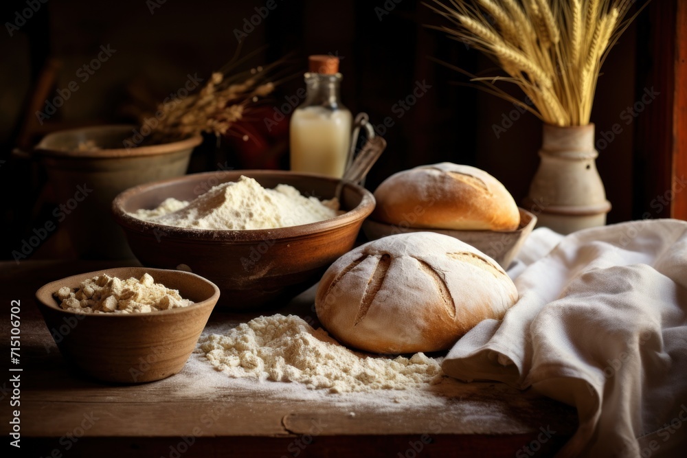 a table topped with bowls of food next to a bowl of bread and a bowl of oatmeal. a table topped with bowls of food next to a bowl of bread and a bowl of oatmeal.