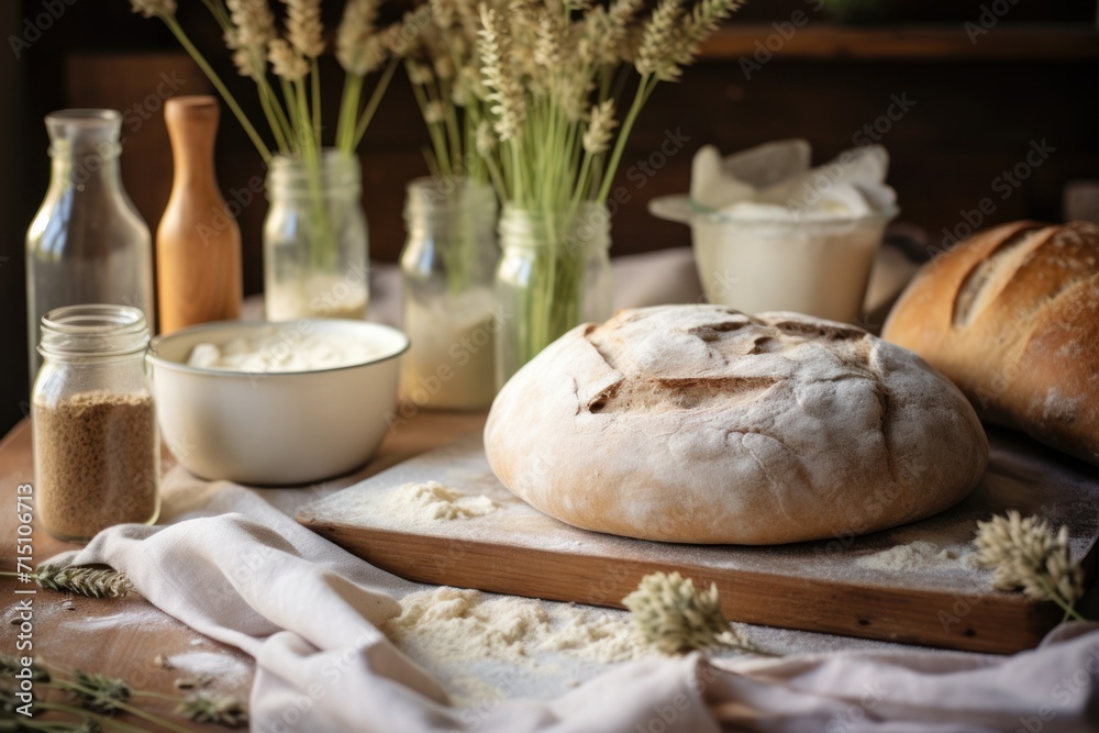 a loaf of bread sitting on top of a wooden cutting board next to a bowl of oatmeal. a loaf of bread sitting on top of a wooden cutting board next to a bowl of oatmeal.