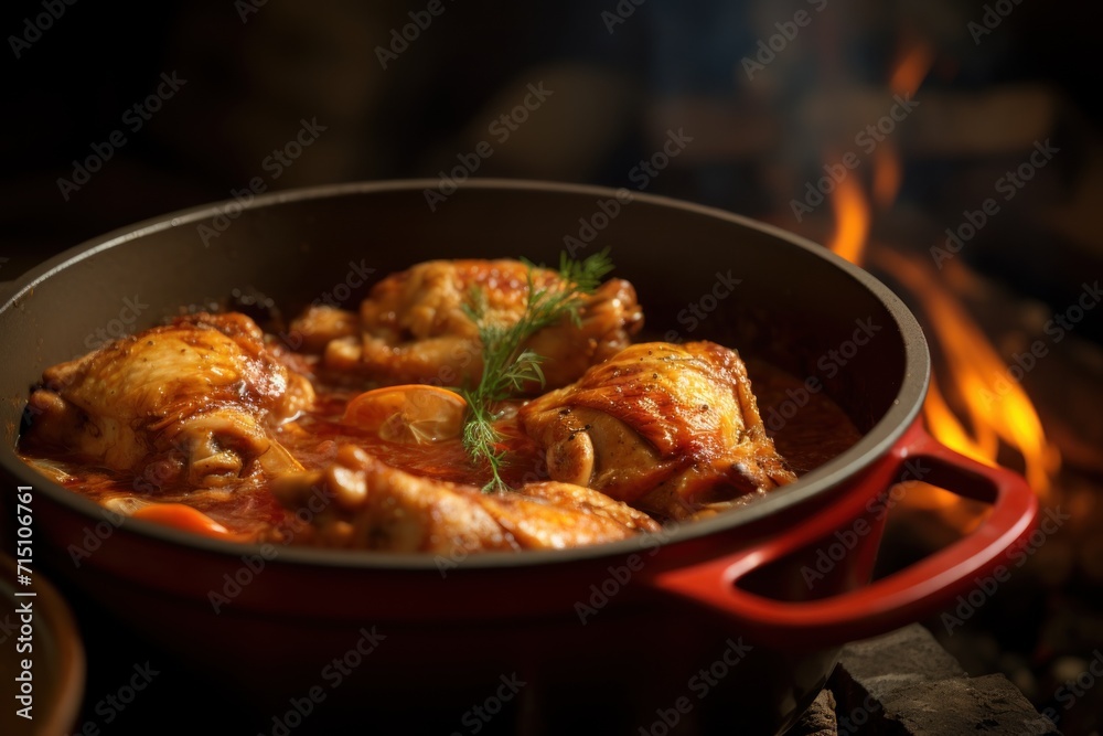  a close up of a pan of food on a stove with a fire in the background and a fire burning in the background.
