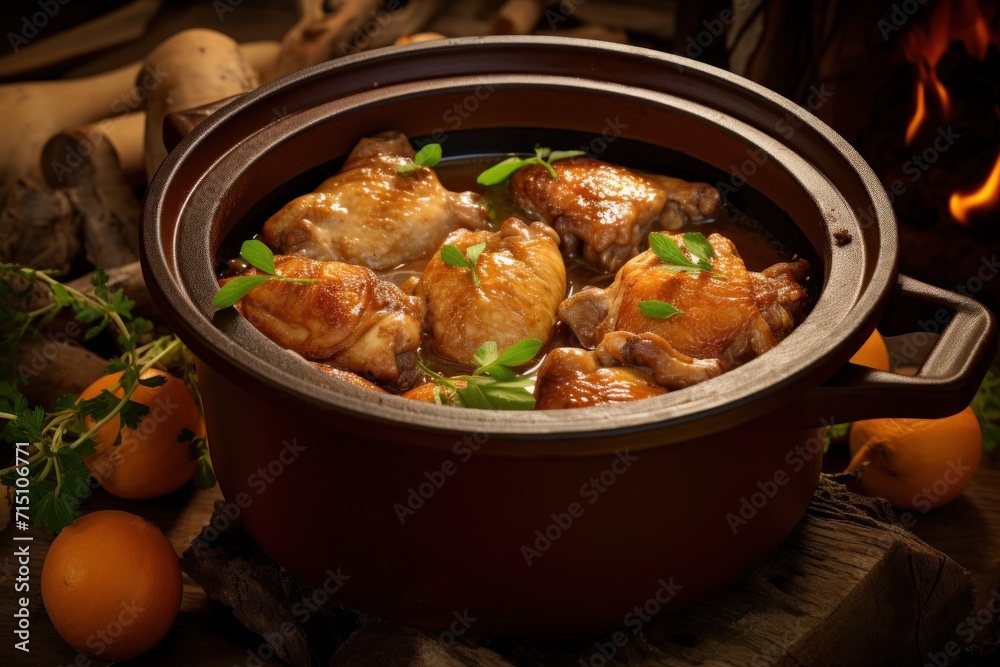 a close up of a stew in a pot on a table with oranges and a fire in the background. a close up of a stew in a pot on a table with oranges and a fire in the background.
