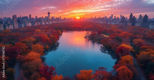 view over the central park in new york. sunrise over the river in autumn