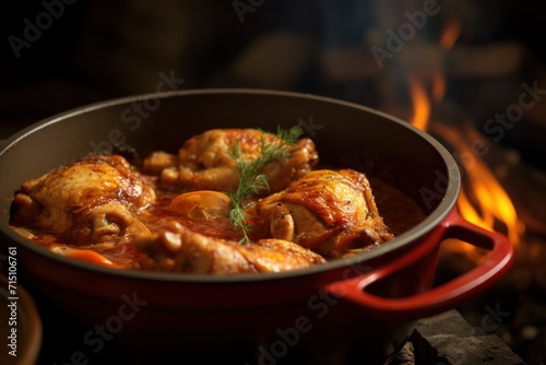  a close up of a pan of food on a stove with a fire in the background and a fire burning in the background.