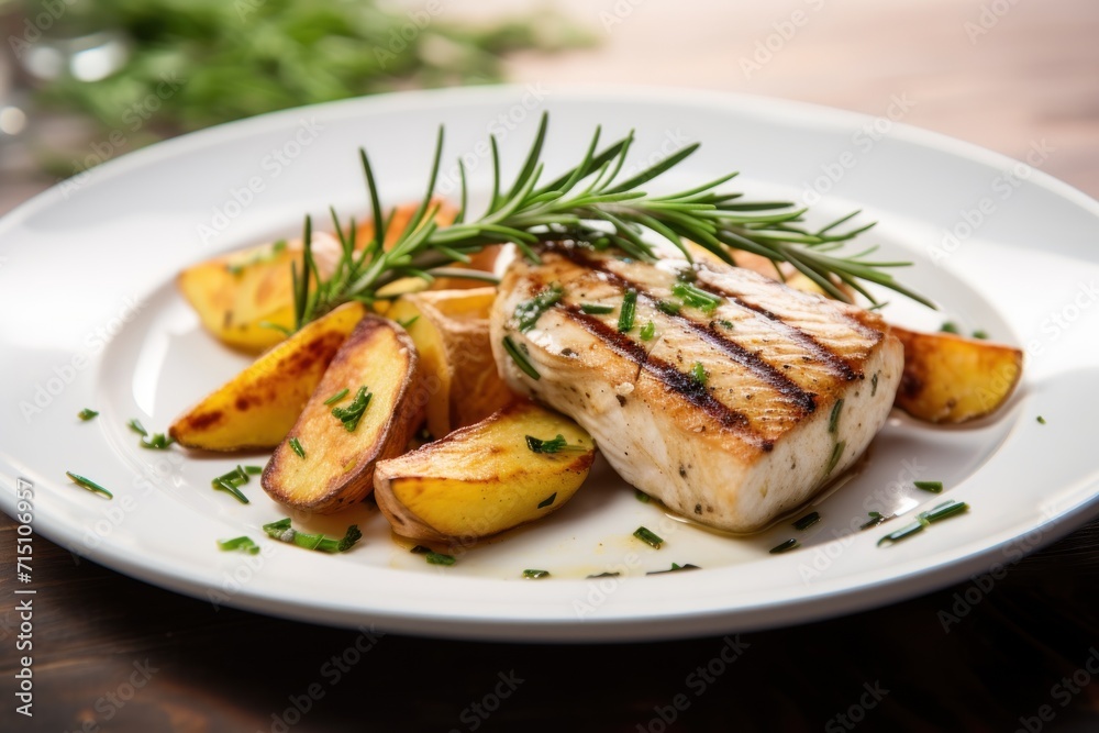 a close up of a plate of food with potatoes and a garnish on the top of the plate. a close up of a plate of food with potatoes and a garnish on the top of the plate.