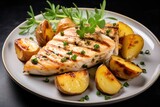  a white plate topped with grilled chicken, potatoes and green garnishes on top of a black table.