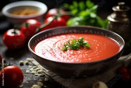  a bowl of tomato soup with a garnish of parsley in front of tomatoes and parsley on the side.