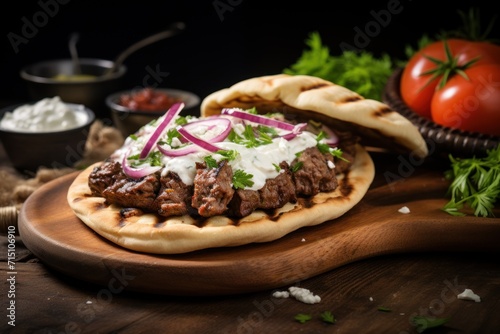  a wooden cutting board topped with a pita bread covered in meat and sour cream and garnished with cilantro.