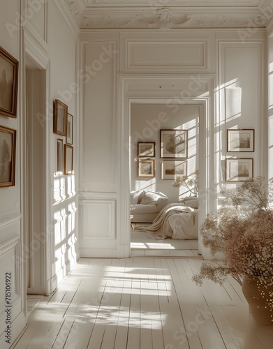 white room with framed pictures and textured white. luxury home interior