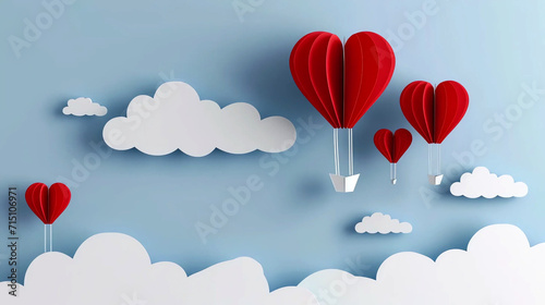 Heart shaped paper cut hot air balloons flying in the clouds with sky blue background.  photo