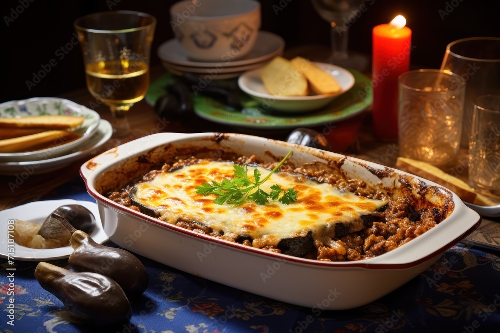 a close up of a casserole dish on a table with a candle and plates of food in the background. a close up of a casserole dish on a table with a candle and plates of food in the background.