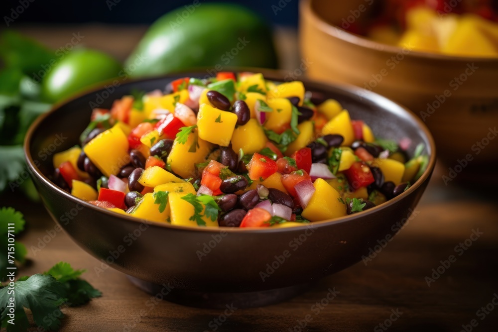 a bowl of black beans, mangoes, and cilantro are on a table next to a bowl of limes. a bowl of black beans, mangoes, and cilantro are on a table next to a bowl of limes.
