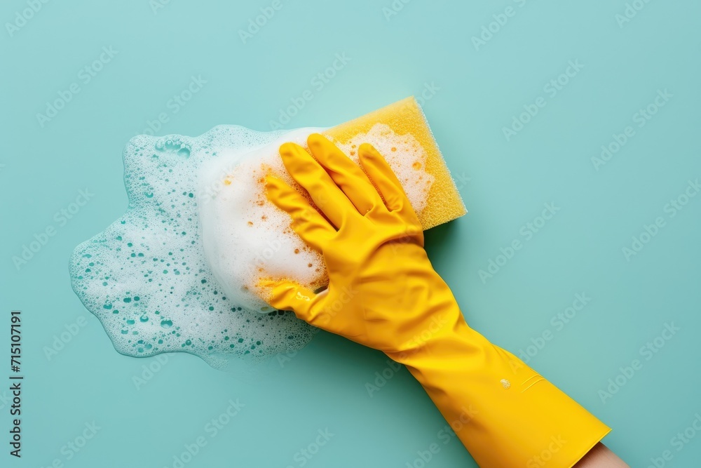 Hand in yellow rubber glove holding cleaning sponge and wiping soapy ...