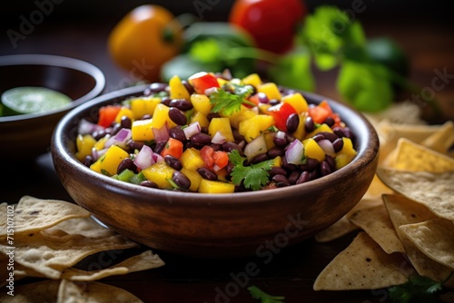  a wooden bowl filled with black beans and veggies next to tortilla chips on a wooden table.